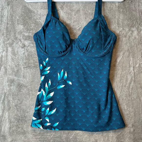 Title Nine Sz 32D Bodacious‎ Tankini Swim Top Turquoise Floral Detail Blue New - Picture 2 of 5